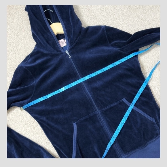Juicy Couture Velour Hoodie Zip Up Juicy Embellished Logo On Back Navy Blue Sz L - Picture 6 of 11
